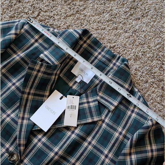NWT Greylin Green Plaid Belted Single-breasted Button Blazer Coat Jacket, size S - Picture 5 of 10